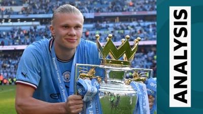Erling Haaland celebrates with the Premier League trophy