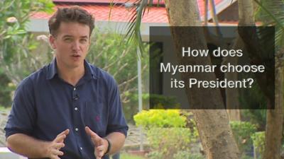 Jonah Fisher with graphic saying 'How does Myanmar choose its President'