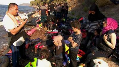 Migrants arriving on the coast of Lesbos