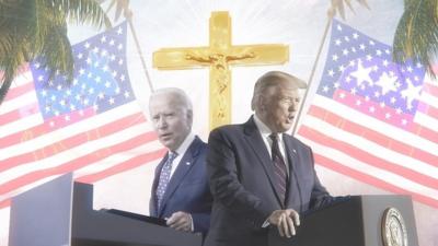 Composite image showing Biden and Trump at podiums with Christian cross behind them and US flags