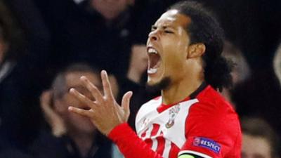 Virgil van Dijk celebrates scoring for Southampton