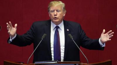 US President Donald Trump speaks at the National Assembly in Seoul, South Korea