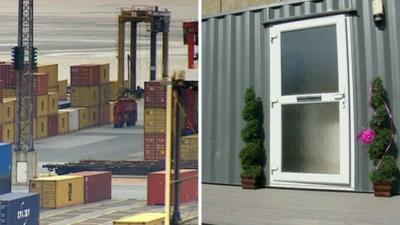 Shipping containers at Newport dock and one which has been turned into a flat