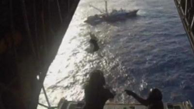 Emergency kit dropped from US Coast Guard Hercules plane to stricken vessel