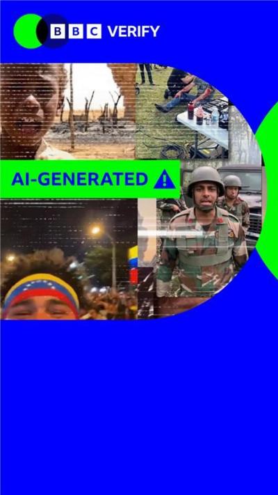 A series of screengrabs taken from AI-generated videos, overlayed with BBC Verify branding and a green label that reads 'AI-GENERATED'