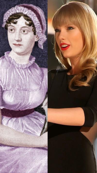 A composite image of Jane Austen (left), who is wearing period clothes that are slightly purple. Taylor Swift is right wearing black.