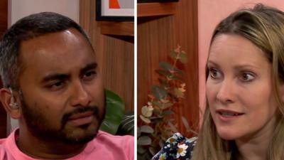 Composite image of Amol Rajan and Laura Bates talking to each other in a studio