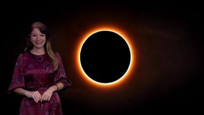 Elizabeth Rizzini in front of a picture of a total solar eclipse