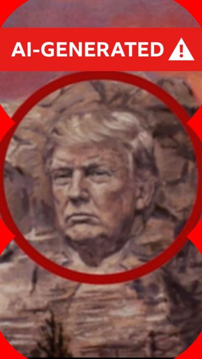 An AI-generated image of Donald Trump's face carved onto the right side of Mount Rushmore.