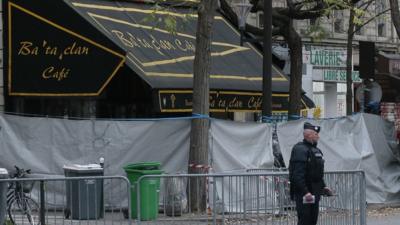 A policeman outside the Bataclan concert hall on Saturday