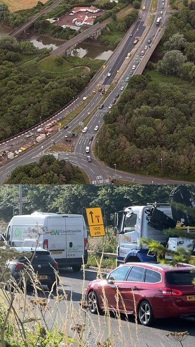 Split image of an aerial view of roadworks and the bottom image shows traffic