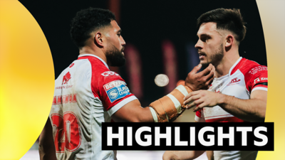 Hull KR players celebrate a try against London Broncos