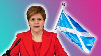 Nicola Sturgeon graphic with scottish flag in background