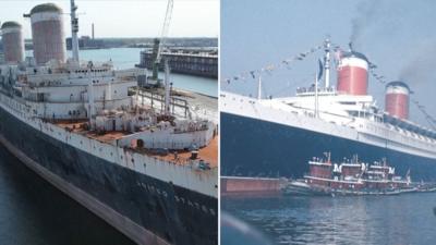 Split screen of the SS United States are shown 30 years apart.