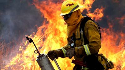 A Cal Fire firefighter moves away from a tall flame as he uses a drip torch to burn dry grass