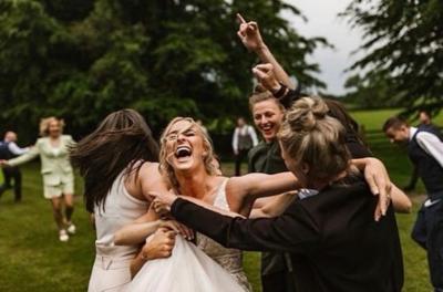 Rhiannon Roberts goal celebration from wedding picture