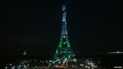 Eiffel Tower lit up in Welsh colours