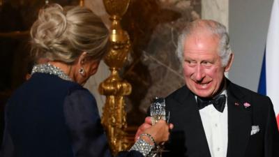 The monarch raises a toast to his hosts in Versaille, President Macron and his wife Brigitte.