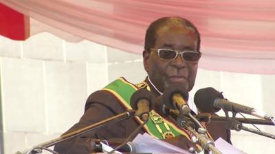 Zimbabwe's President, Robert Mugabe speaking at heroes day parade