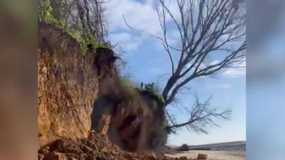 She films the moment a large section of cliff, including rocks and a tree, crashes to the ground.