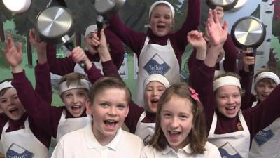 School kids celebrating pancake day