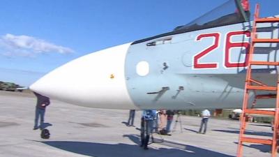 A Sukhoi Su-30 plane at a Russian airbase in Latakia, Syria