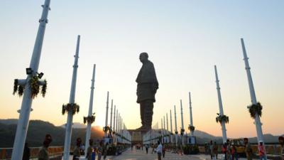 Indian policemen stand guard near the 'Statue Of Unity', the world's tallest statue dedicated to Indian independence leader Sardar Vallabhbhai Patel.