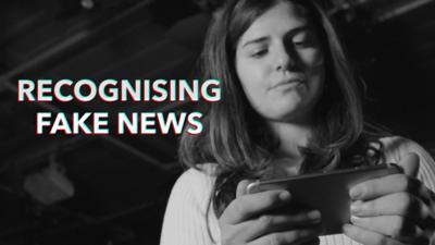 Recognising Fake News graphic will girl looking at smartphone