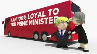 Cartoon of Boris Johnson talking to Theresa May in front of red bus emblazoned with 'I am 100% loyal to you Prime Minister.'