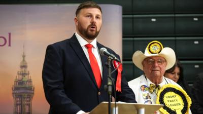 Labour Parliamentary Candidate for Blackpool South Chris Webb speaks after Labour won a Parliamentary by-election in Blackpool, Britain, on 3 May 2024