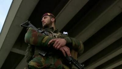 Soldier patrols at Brussels airport