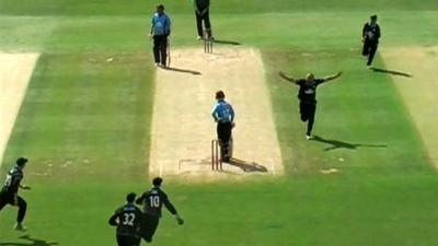 Worcestershire's Joe Leach celebrates his hat-trick against Northants in the One-Day Cup