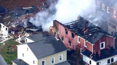 Collapsed and damaged houses after explosion