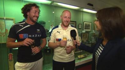 Yorkshire's Ryan Sidebottom (l) and Andrew Gale are interviewed by Tanya Arnold (r)