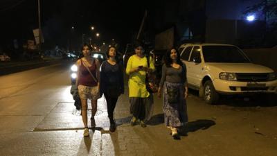 (left to right) Celina John, Devina Kapoor, Archana Patel Nandi and Neha Singh walking the streets of Mumbai after midnight