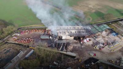 Aerial shot of warehouse fire