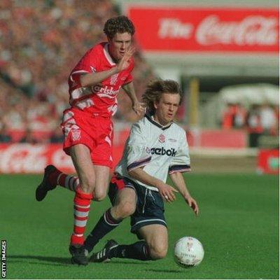 Bolton's Richard Sneekes (right) challenges Liverpool's Steve McManaman in the 1995 League Cup final