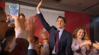 Justin Trudeau with his wife Sophie Grégoire celebrating election victory