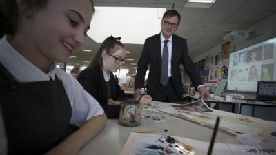 Headteacher in art class with pupils in Merseyside