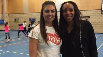 Former England netball captain, Pamela Cookey, with volunteer, Michelle Scarf, at a Winwood Juniors Netball coaching session