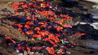 Lifejackets on the shore