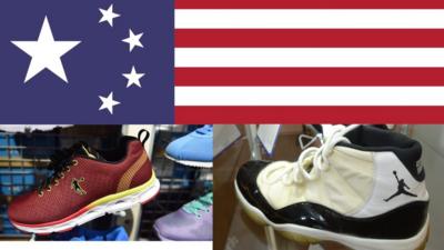 An image showing Nike Jordan shoes, Chinese Qiadoan replicas and a Chinese flag that has adopted the colours of the US flag