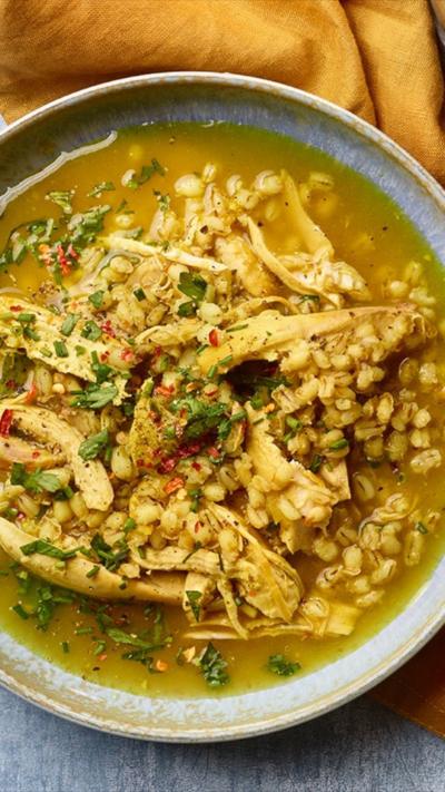 turmeric broth soup with barley and chicken 