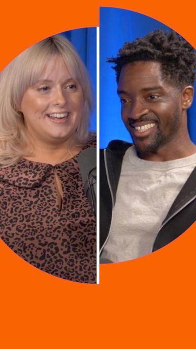Splitscreen: Guvna B sat at a podcasting studio and smiling on left, his co host Katie Thistleton on the right.