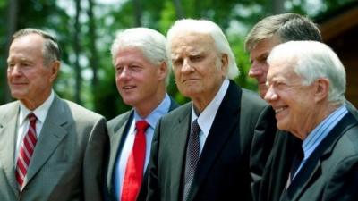 Billy Graham with US presidents Bush, Clinton and Carter.