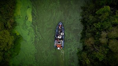 Drone Shot of boat on green Lough Neagh