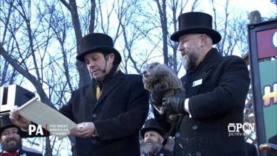 Groundhog Phil on stage with two men reading Phil's weather prediction