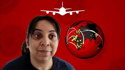 Ushma Mistry in front of a graphic with a plane and a globe