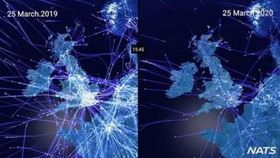 Still image of a map visualisation of flight paths in 2019 and 2020