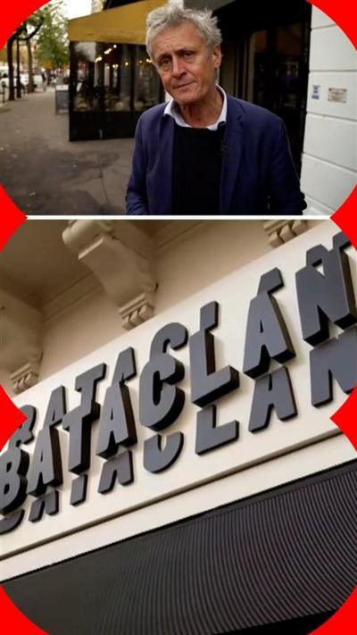 Composite image of Hugh Schofield in the street and the Bataclan sign